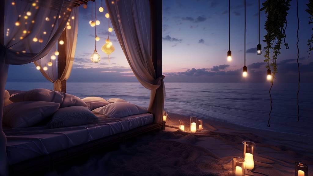 a tent on the beach at night