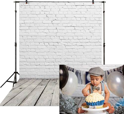 white brick wall & wooden floor backdrop